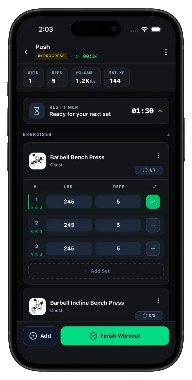 Repvia workout tracking screen
